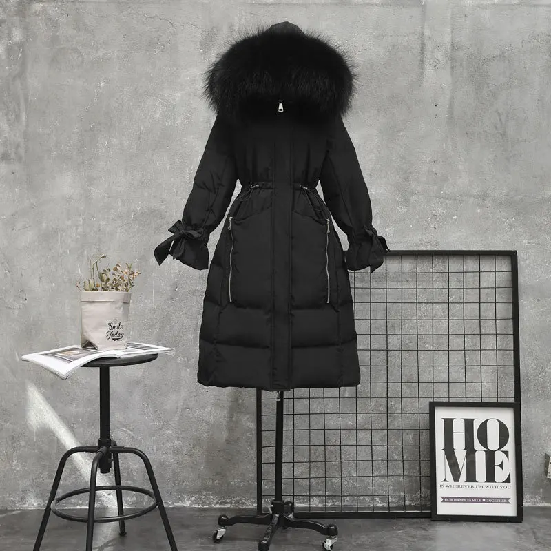 black black fur SINGRAIN Long Women Hooded Down Jacket Raccoon Real Fur Collar Warm Overcoat Fashion Thick Outerwear Winter White Duck Down Coat - Цвет: black black fur