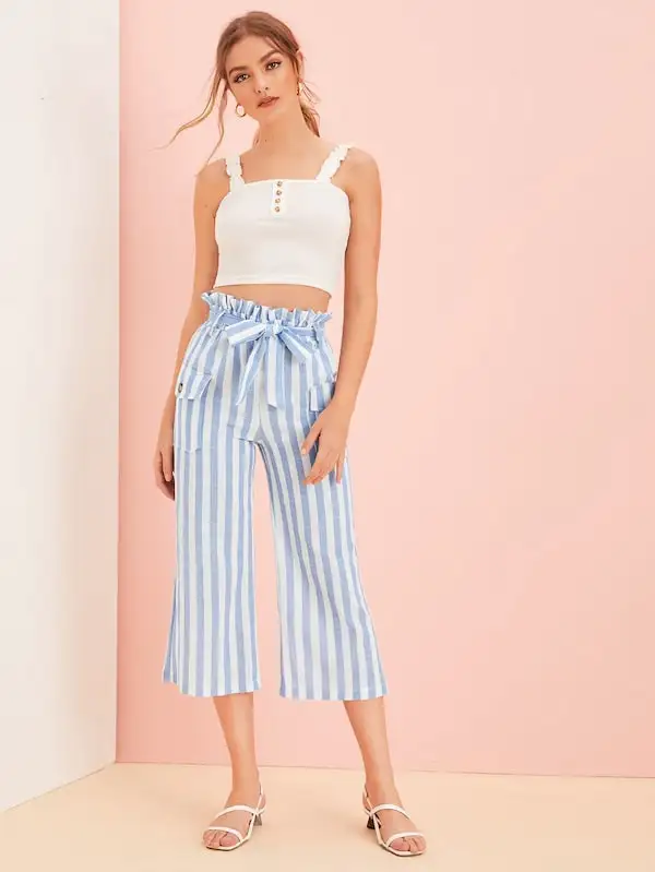 

Summer New Fashion Casual Pants Blue And White Striped Casual Pants Ninth Pants Wide-leg Pants