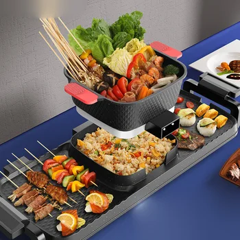 

Larger 3 in1 220V Electric Hot Pot Oven Smokeless Barbecue MachineHome BBQ Grills Indoor Roast Meat Dish Plate Multi CookerRoast