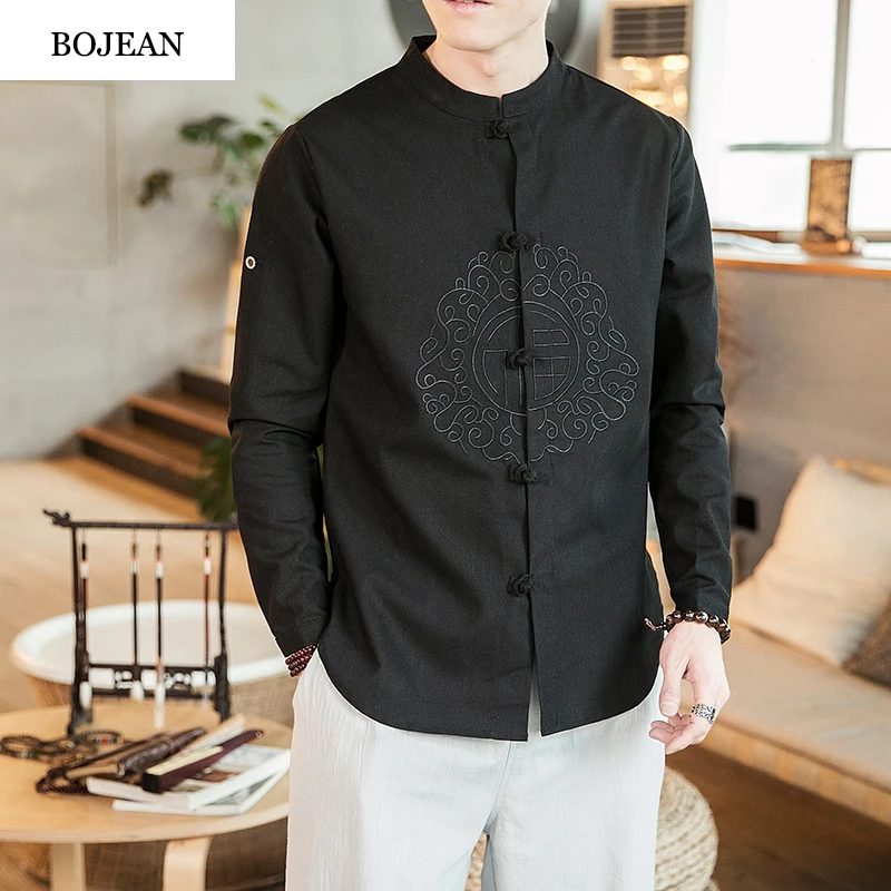

BONJEAN Strange Things Chinese Style Vertical Collar Linen Men's Long Sleeve Shirts in Autumn 2019 men shirts off white