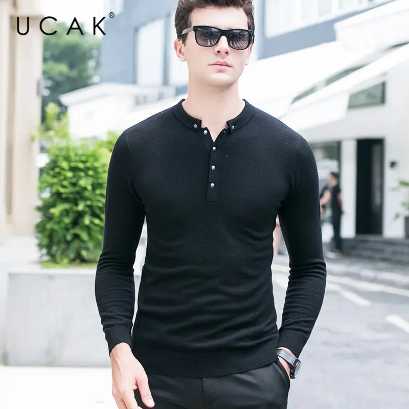 

UCAK Brand Merino Wool Sweater Men Autumn Winter Cashmere Sweaters Streetwear Button Small Collar Pull Homme Pullover Men U3027