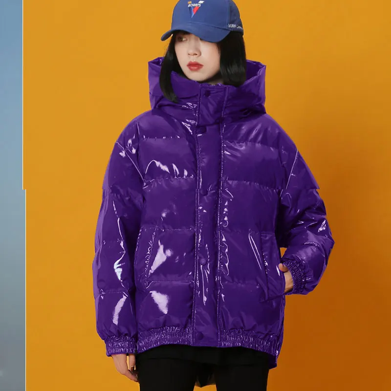 purple Зима новые яркие цвета Короткие яркие Хлопковые женские пальто платье с открытыми плечами большой размер свободные нерегулярные подол теплая Глянцевая куртка для женщин 566 - Цвет: purple
