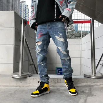 

EWQ / Men's pants 2020 Spring new Jeans for Male Hip Hop Printing Self-cultivation pencil Pants fashione denim trouers 19H-a181