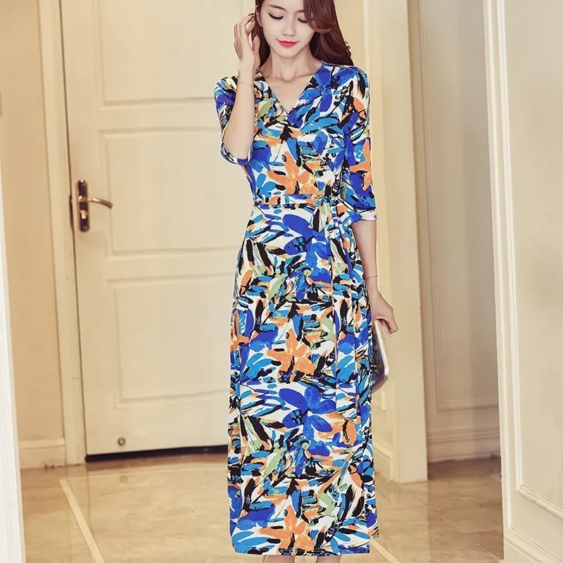 

Pop Tide Female V-Neck Three Quarter Sleeve Party Dresses Spring Summer Casual Split A-Line Slim Dresses