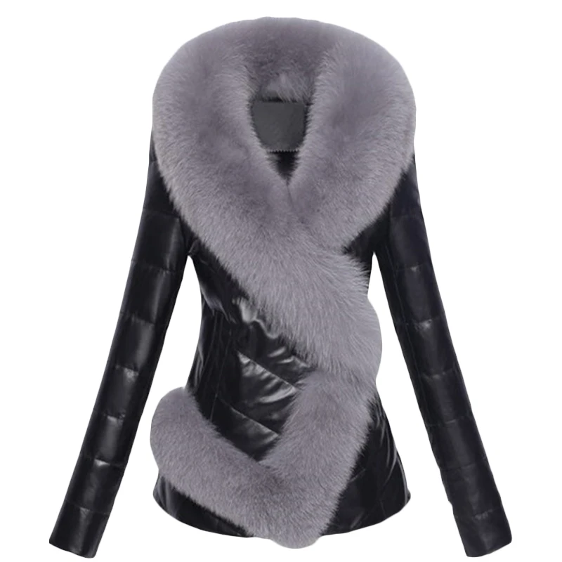 Women Imitation Faux fox fur collar PU Leather Jacket Winter Short Jackets Plus size Womens Fur stitching F1083 | Женская одежда