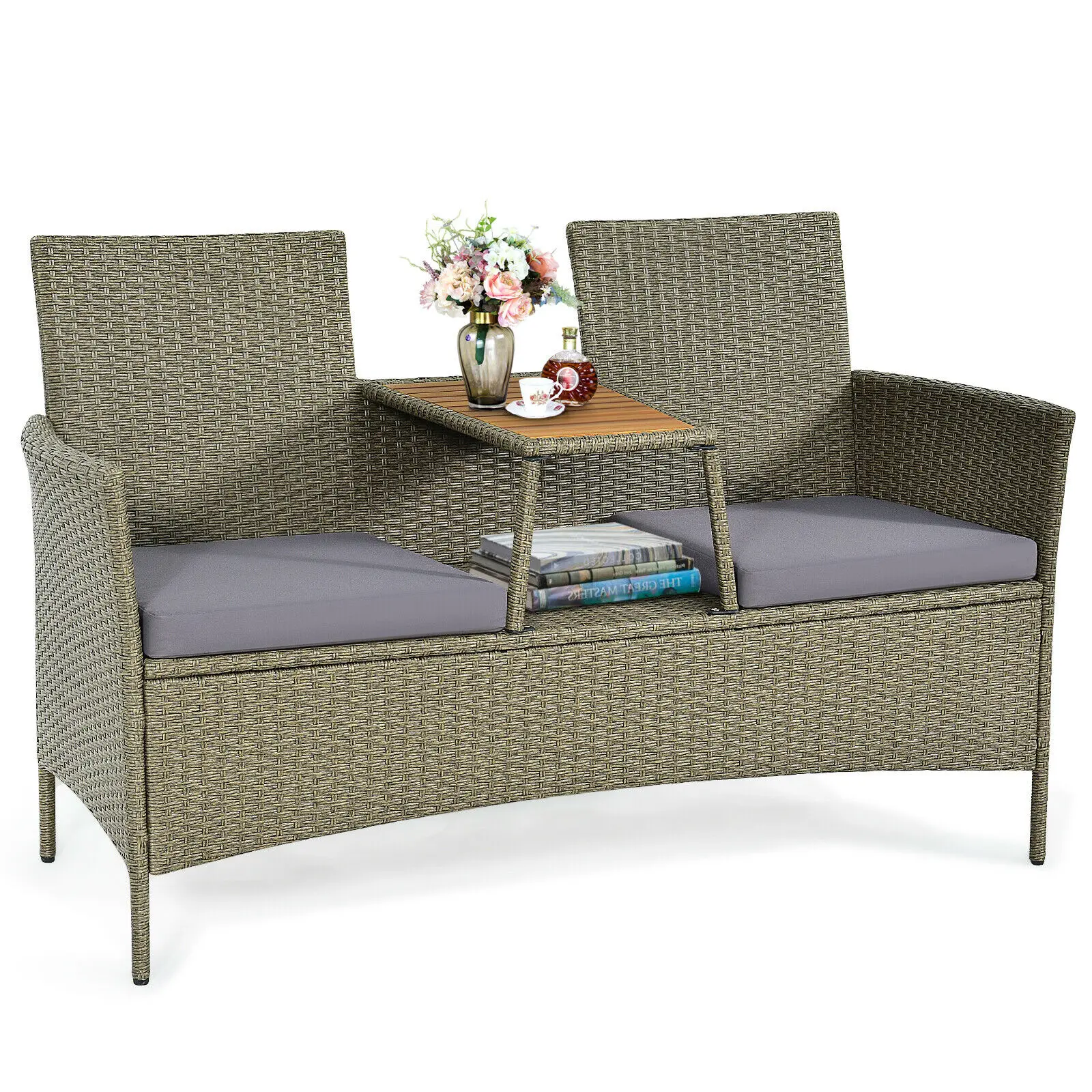 

2-Person Patio Rattan Conversation Furniture Set Loveseat Coffee Table