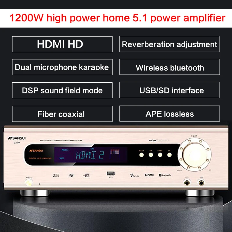 

1200 Вт высокой мощности-Мощность 5,1 Мощность усилитель UX70 HD Bluetooth домашний Театр аудиосигнала без потери звука Hi-Fi усилитель сабвуфера волоконно-оптический коаксиальный