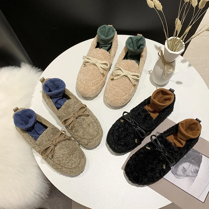 

New Spring Slip on Flat Shoes Women Loafers Plush Bow Woman Flats Warm Loafer Wool Casual Shoes Fur Boat Shoes Zapatos Mujer