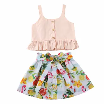 

2020 Toddler Baby Girls Clothes Kids Sling Ruffles Tops Vset Fruit Print Skirt A-line Skirts Summer Baby Girl Outfit Set 1-6Y