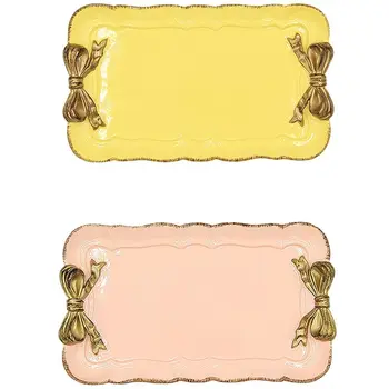 

2 Pcs European Retro Bow Storage Tray Resin Decoration Jewelry Fruit Tray Food Cosmetics Storage Box-Yellow & Pink