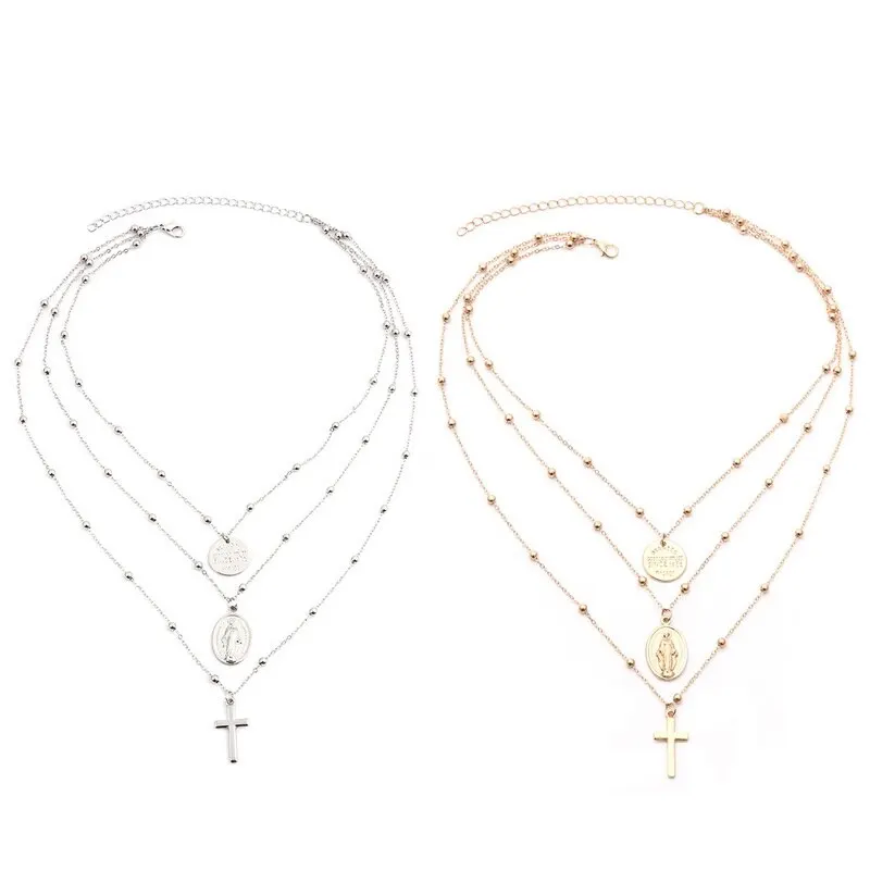 

SOUARTS Exaggerated Personality Cross Vingin Round Pendant Necklace Women Jewelry Retro Multi-layer Copper Bead Alloy Necklace