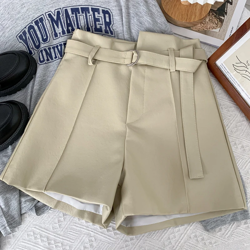 women's fashion Pu Leather Shorts Fashion High Waist Shorts Women  Wide Leg Soild Basic Bottoms Sashes Streetwear Trousers Clothes dickies shorts