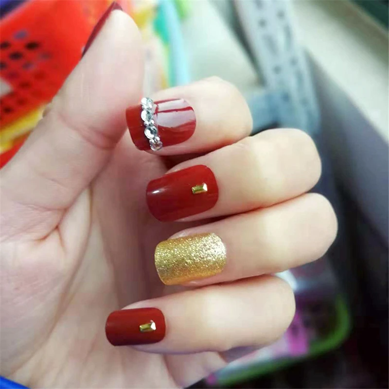 Nusx 24PCS Short Full Cover Nail Art Tips With Glue Bride Wedding Wine Red Glitter Decor 2