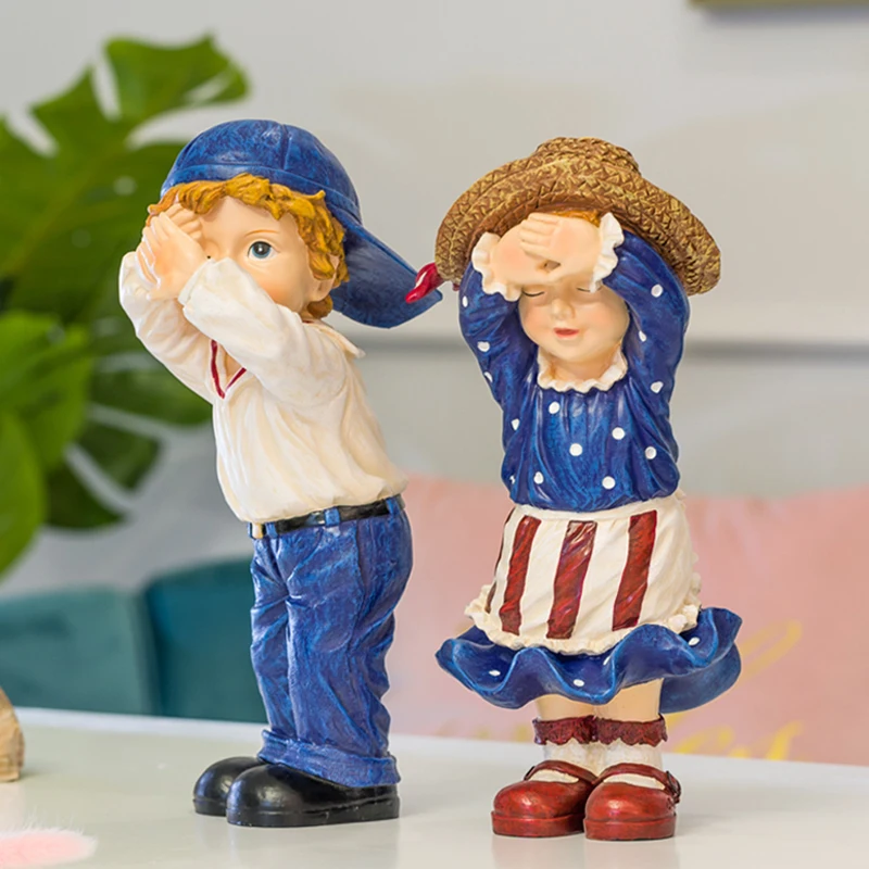Европейский милый мультфильм Peek-A-Boo рисунок Художественная Скульптура мальчик и девочка Фигурка креативные изделия из смолы украшения для дома R3604