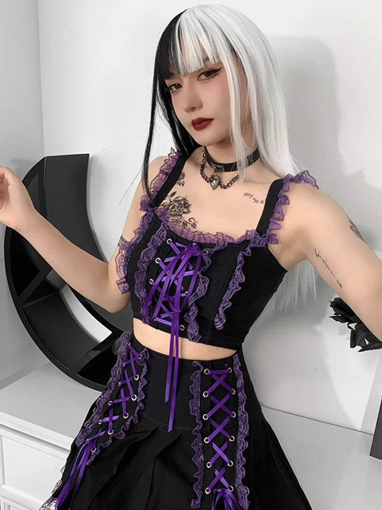 InsGoth Mall Goth Sexy Lace Up Camis Y2K Aesthetic Punk Backless Spaghetti Straps Tops High Waist Bandage Mini Skirts 2pcs Sets plus size pants suits evening wear