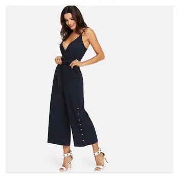 

Women's Solid Color V-Neck Backless Romper Wide Leg Pants Siamese Split Spaghetti Casual Jumpsuits