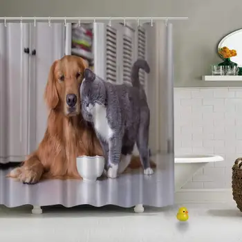 

British Shorthair Cats Golden Retriever Photo Shower Curtain for Hotel,72''L x 72''W