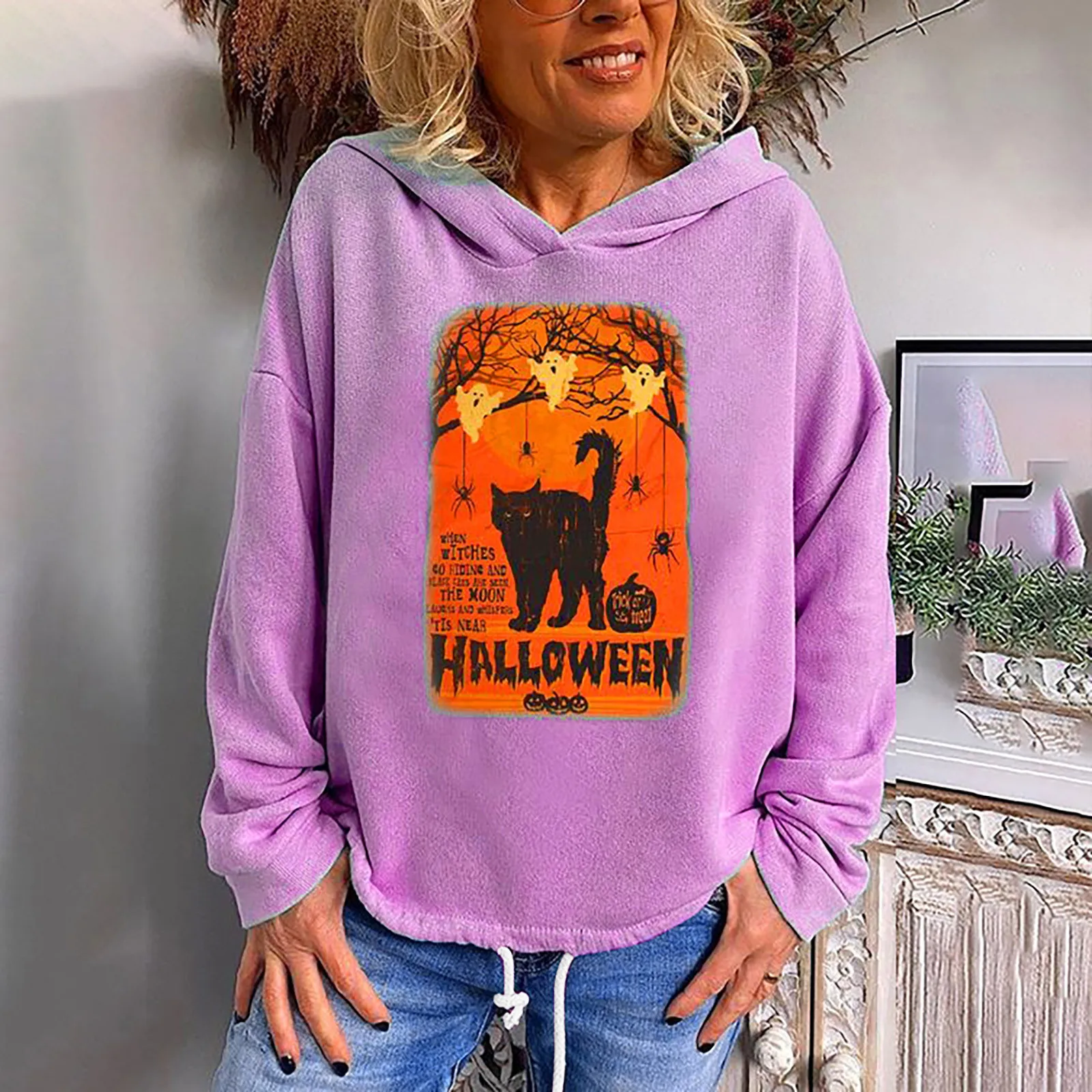 Hoodie Women's Clothing Casual Long Sleeve Halloween Pumpkin Cat Skeleton Sweatshirt Ladies Blouse Tops When witches go riding 2