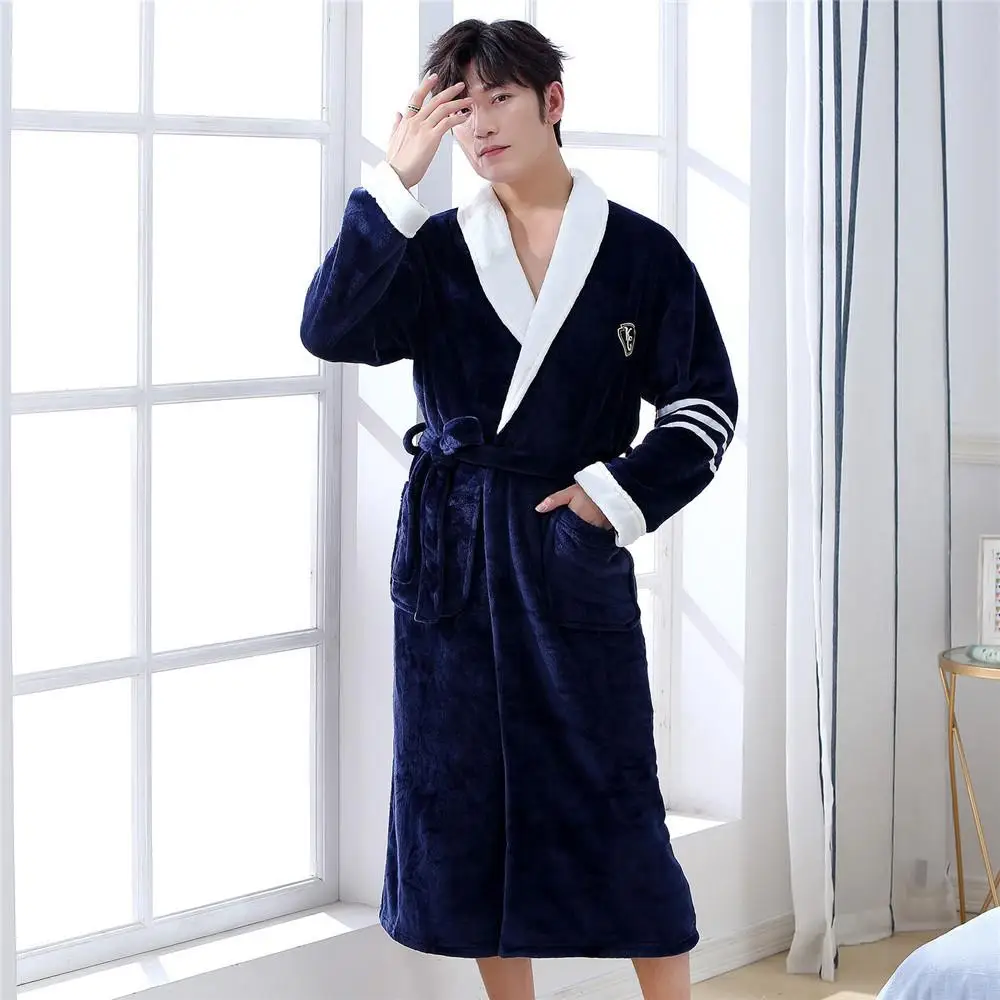 Большой размер Коралловая флисовая фланель Ночная рубашка пижамы Пижама-кимоно для влюбленных Домашняя одежда женское банное полотенце на липучке и Мужская Ночная рубашка - Цвет: Men Navy blue2