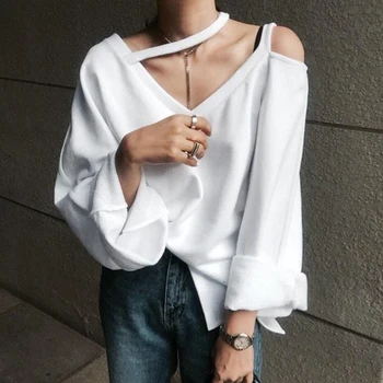

Fanco Off Shoulder Womens Sweatshirt Loose V Neck Batwing Long Sleeve Striped Pullover Casual Style Clothing Autumn