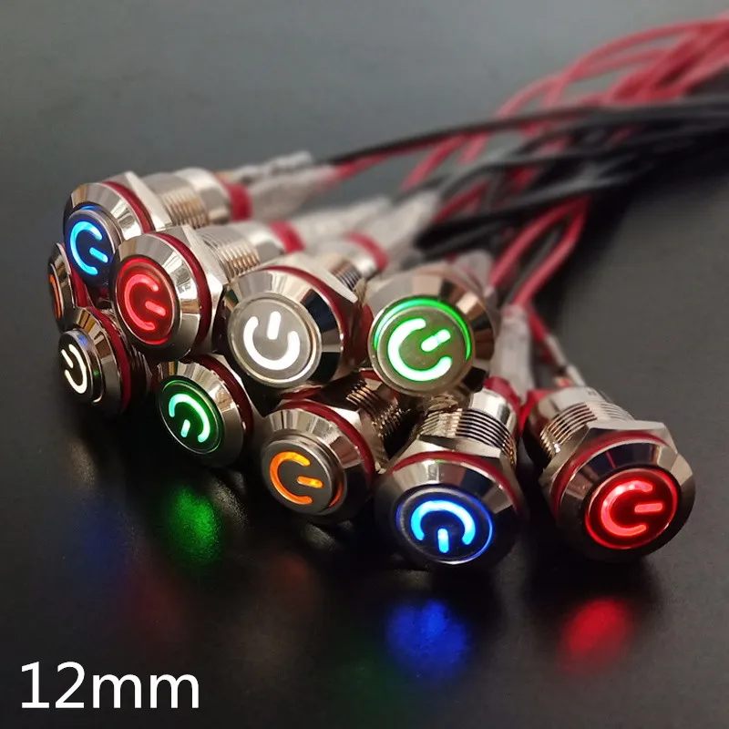 12mm 1/2'' 12V Metal Momentary LED Push Button Switch 4 Pin 1NO 1NC Waterproof 
