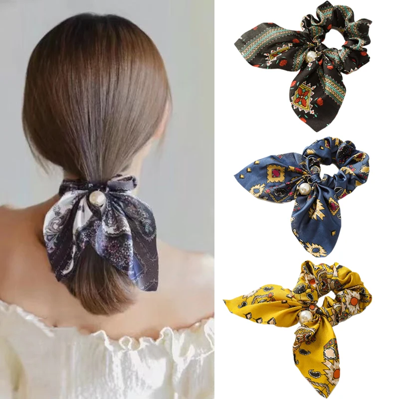 

MISM 1pc Imitation Pearls Pendant Scrunchy For Women/Girls Print Rubber Bands Elastic Hair Tie Bezel Hair Accessories Gifts