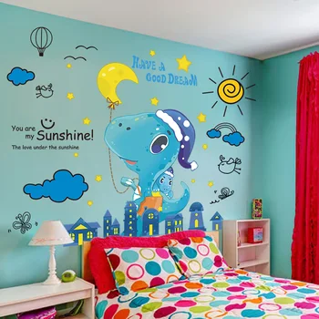 

[shijuekongjian] Cartoon Dinosaur Animals Wall Stickers DIY Coulds Stars Wall Decals for Kids Room Baby Bedroom Home Decoration