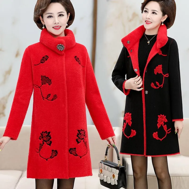 

Mom Imitate Imitate Mink Bown Woolen Overcoat Women's Autumn Winter Wool Coat Middle-aged Mom Wearable On Both Sides Jacket A