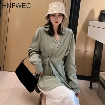 

Button Drawstring Irregular Blouses Women 2020 Spring Tide Fashion New Styles Elegant Minority Long Sleeve Blouse V882