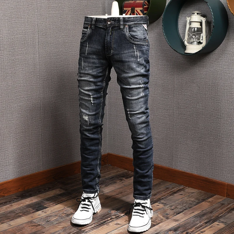 

Italian Style Fashion Men Jeans Retro Black Gray Elastic Slim Fit Ripped Denim Pants High Quality Vintage Designer Trousers