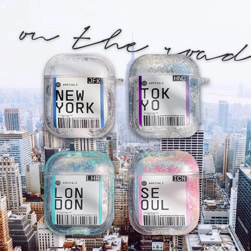 

New City label Bar code liquid Quicksand For Airpods case glitter wireless Bluetooth Earphone Case Transparent Headphone Cover