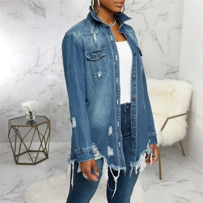 

Casual Blouse Coat Fall Long Sleeve Irregular Single Row Buttons Tattered Denim Jacket Coat Women Single Breasted Coat For Women