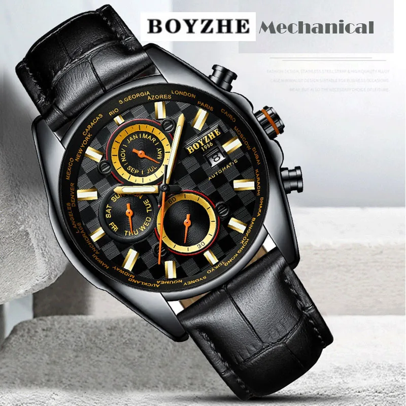 Horloge Mannen Automatische Mechanische Horloges водонепроницаемый спортивный люкс мужской повседневный режим Lederen BOYZHE Horlo Relogio Masculino - Цвет: Черный