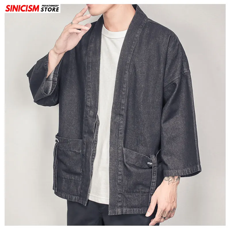 Sinicism Store мужские джинсовые куртки в китайском стиле с открытым стежком, пальто, Мужская свободная однотонная осенняя одежда, мужская Свободная джинсовая куртка 5XL