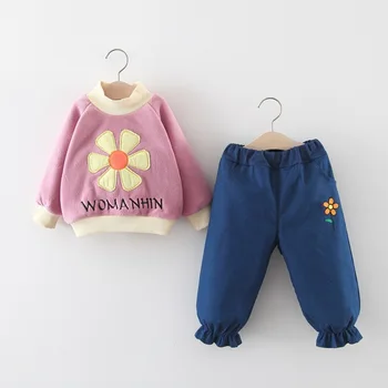 

2020 Kids Thicken Set New Girl Korean Cute Flowers Two-Piece Set