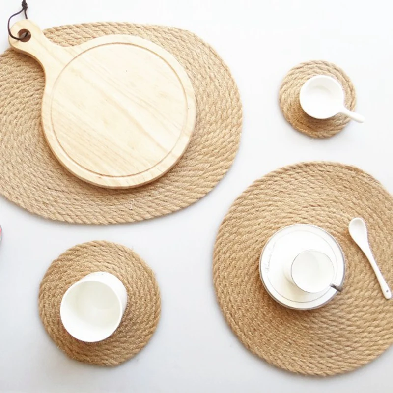 4Pcs Flax Straw Woven Dining Table Mat Heat Insulation Placemats Pot Holder Coffee Drink Tea Cup Round Coaster Table Placemats H