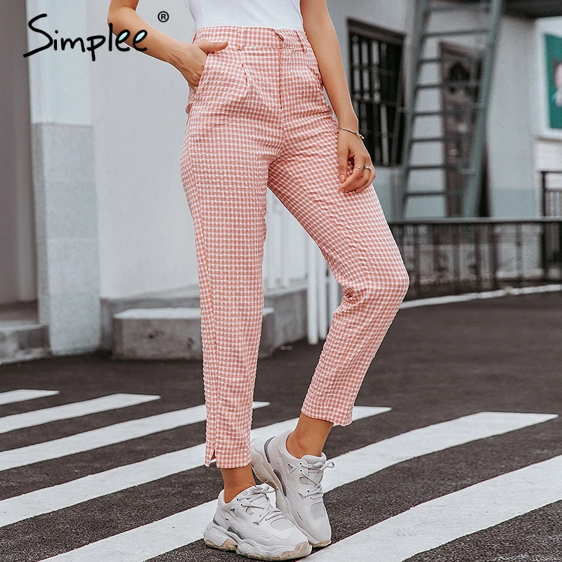 Женские розовые штаны Simlee в клетку летние повседневные винтажные прямые брюки