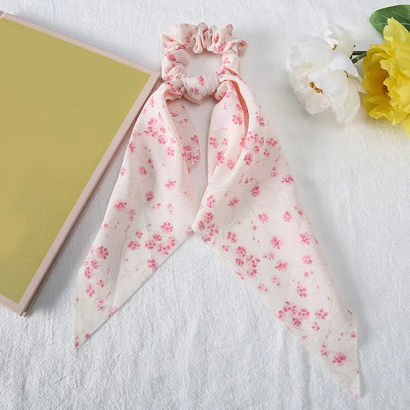 Fashion Bow Hair Scrunchie Long Ribbon Hair Ties Chiffon Floral Hair Scarf Elastic Hair Bands Ponytail Holder Hair Accessories alice headband