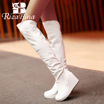 

RizaBina Fashion Office Lady Boots Over The Knee Warm Fur Shoes Women Winter High Wedges Boots Sexy Party Shoe Size 34-39