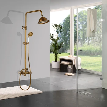 

Bathroom Shower Faucets Set Rainfall Shower Head Handshower Singel Handle Mixer Tap Antique Brass Swivel Tub Spout Bath Shower