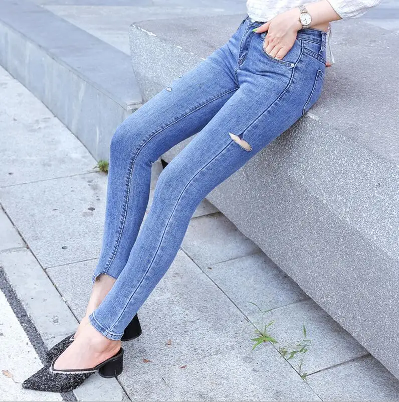 Обтягивающие Уайлд высокая Талия дыра девять брюки эластичные джинсы ноги брюки Женская мода тренд - Цвет: Blue