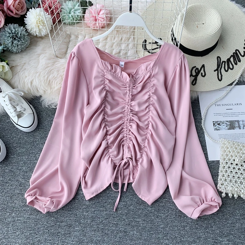 

Autumn New Solid Color Square Collar Long Sleeve Pleated Drawstring Loose Shirt Women Korean Solid Color Blouse Tops H845