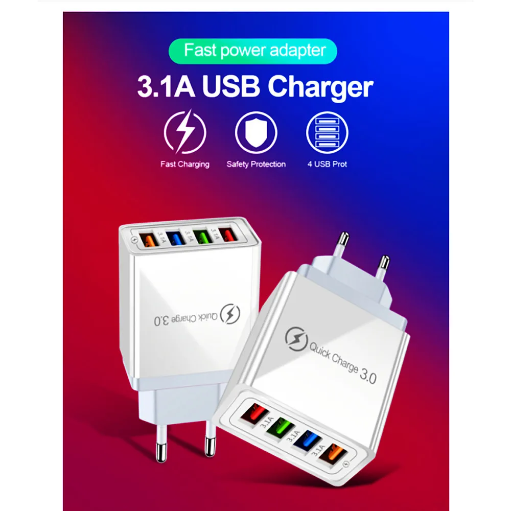 Зарядное устройство с 4usb-портами, цветная многопортовая Светодиодная лампа 3A, зарядная головка, быстрая зарядка 3,0, 100-240 В, полностью совместима