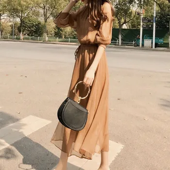 

Women Chiffon Dress Spring Summer 3/4 Sleeve Plain A-Line High Waist Korean Office Ladies Causal Midi Black Dress Preppy Style