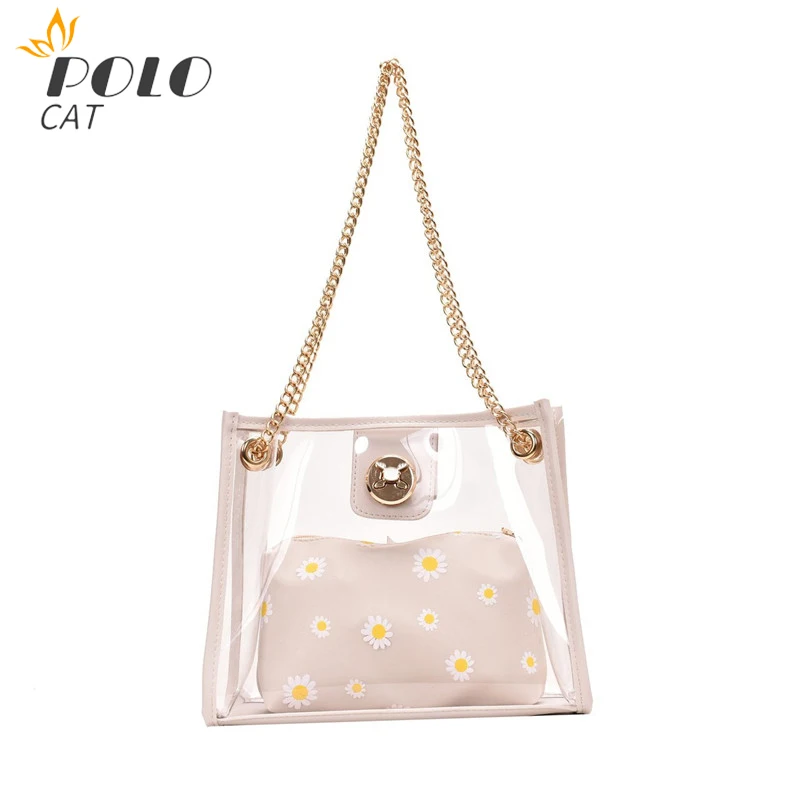 

Daisy Clear Jelly Bag Tote Transparent PVC Beach Handbags Fashion Korean Casual Handbag Metal Strap For Women Female Summer Bag
