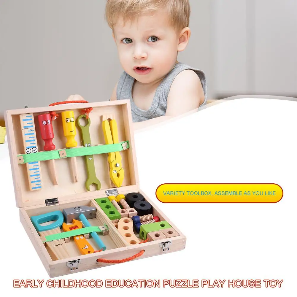 Caja de Herramientas de juguete de madera para bebé, conjunto de herramientas de reparación, rompecabezas multifuncional, caja de herramientas de reparación portátil, juguete educativo