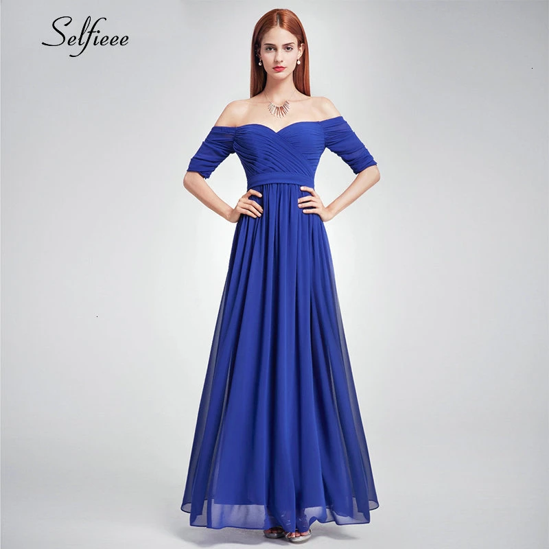 

New Fashion Women Dress A-Line V-Neck Off The Shoulder Ruched Long Chiffon Dress Elegant Maxi Party Dress Vestido De Festa 2019