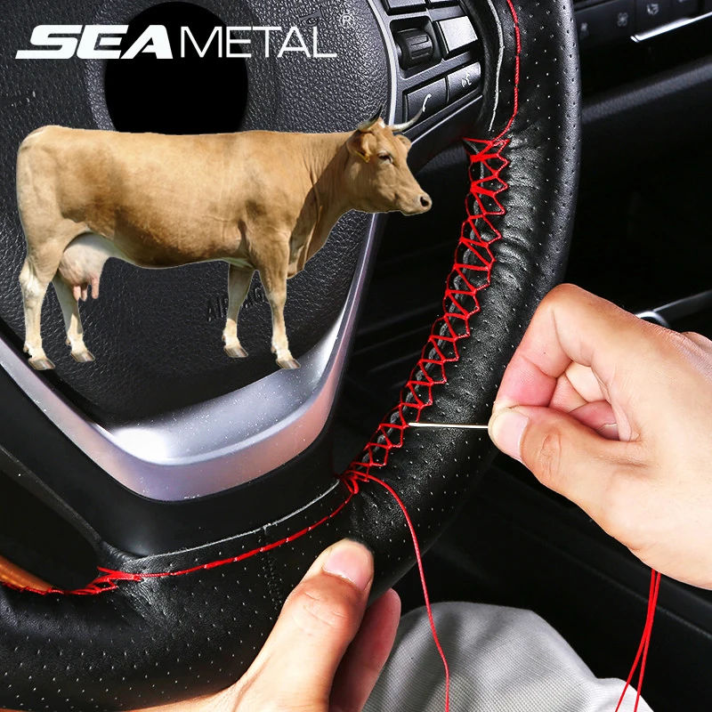 Genuine Leather Steering Wheel Cover Anti Slip Braided