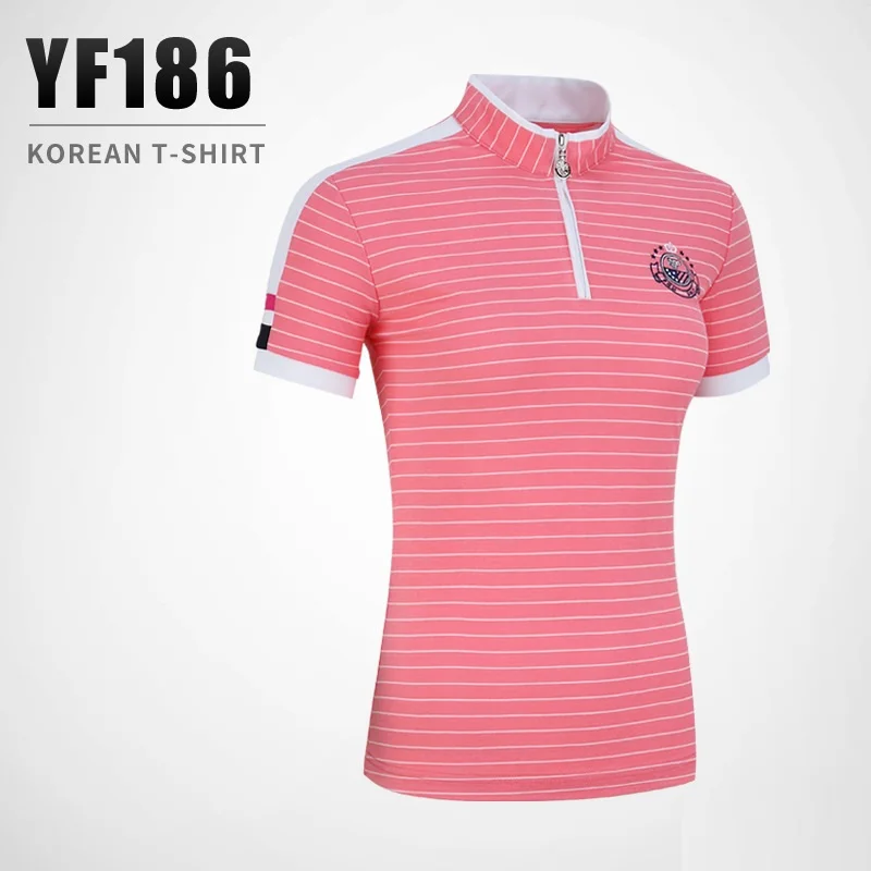 PGM футболка для гольфа для Для женщин для активного летнего спорта одежда мягкая Полосатые рубашки женские короткий рукав футболки для гольфа одежда для гольфа - Цвет: Розовый