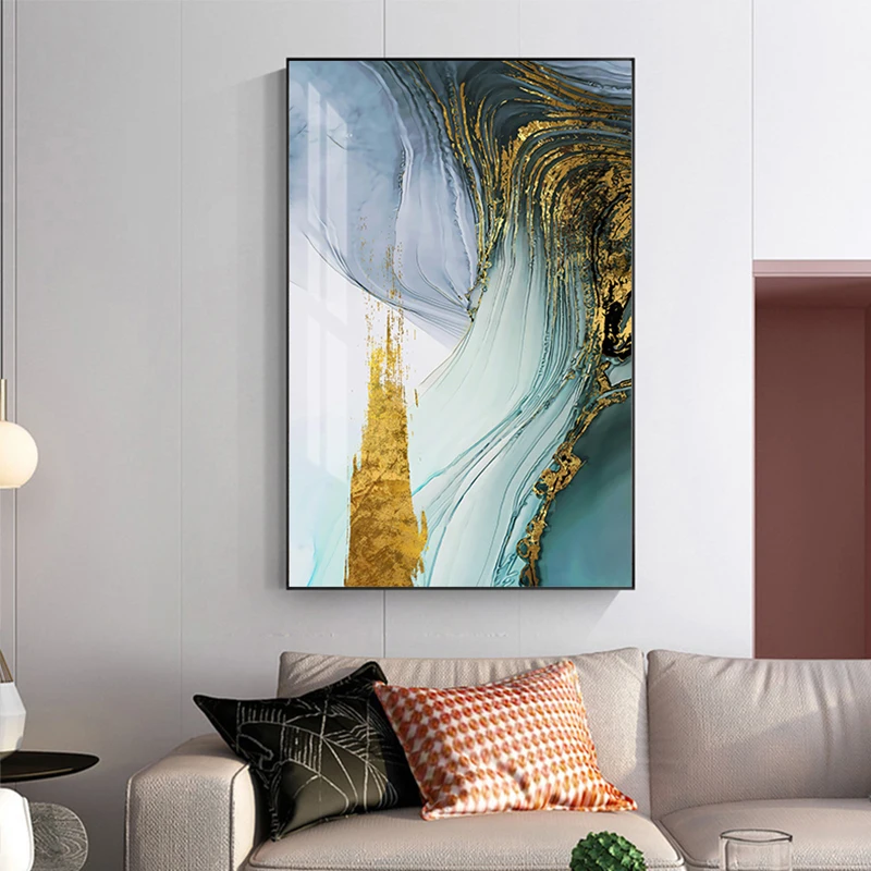 Modern Abstract Blue Green Gold Foil Canvas Painting Purple Decor Fashion Wall Art Picture for Living Room Modern Poster Print